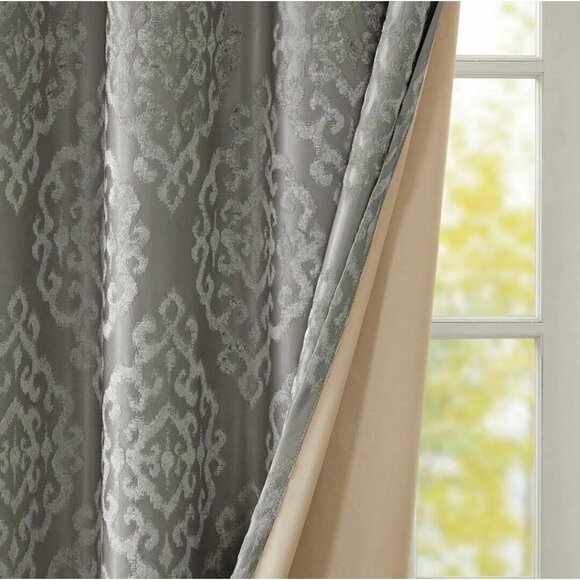 Charcoal Grey Knitted Jacquard TOTAL BLACKOUT Grommet Top Curtain Panel(1) - Picture 9 of 10